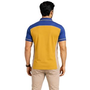 Polo homme jaune moutarde premium avec manches et empiècements d'épaule contrastants bleu roi, logo personnalisé, vêtements de sport, golf, décontracté - Product Image 2