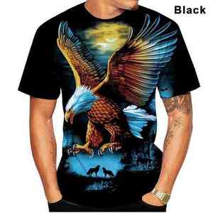 T-shirt à manches courtes pour homme, imprimé aigle et loups, col rond, décontracté, tricoté, coupe régulière, jersey polyester, noir - Product Image 1