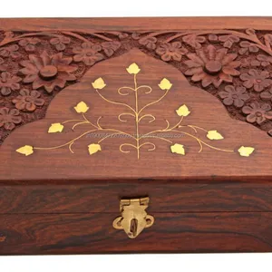 Kotak Penyimpanan Kenang-kenangan Kayu Buatan Tangan Tempat Perhiasan Tempat Perhiasan Organizer Ukiran Tangan Bunga dengan Tatahan Kuningan 8 Inci