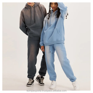 Ensemble de survêtement personnalisé épais avec broderie vieillie, rayures délavées par le soleil, sweat à capuche zippé et pantalon de survêtement évasé délavé à l'acide - Product Image 1