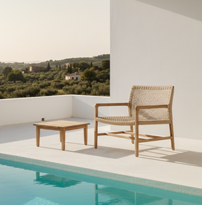 Silla Moderna para Exteriores Chico, Sillón de Madera de Teca de Alta Calidad, Malla de Cuerda Resistente al Agua, Multifuncional para Terraza y Piscina - Product Image 2