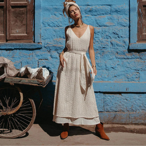 Vestido Boho Blanco de Verano, Algodón Orgánico Blanco, Doble Capa, Maxi, Modesto, Elegante, Estilo para Bodas y Fiestas - Product Image 1