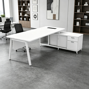 Escritorio de Oficina Moderno en Forma de L de Acero Blanco, Silla Ergonómica Azul, Diseño Minimalista, Uso en Oficina en Casa, Sistema de Oficina AY, Modelo V-Q-ASWC - Product Image 1