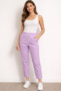 Women's Straight Leg Cotton <b>Pants</b> Mid Waist Elastic Waist Solid Color Casual Full Length Loose Fit Breathable Summer Trousers - Product Image 5