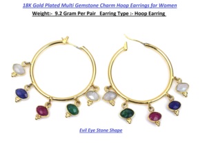 Boucles d'oreilles créoles plaquées or 18 carats style bohème avec breloques multi-pierres et motif œil porte-bonheur pour femme, thème judaïsme - Product Image 4