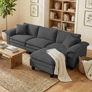 Divano Angolare a L Grigio Scuro con Seduta Profonda, Rivestimento in Pelle Chenille, Pouf Mobile e Braccioli Imbottiti per Soggiorni - Product Image 2