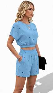 ONETEN APPARELS Women Blue Heart Print 2 Piece Set Crew Neck Top and Elastic Waist Shorts - Product Image 3