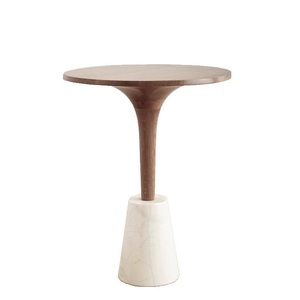 EarthForm Cream Travertine Pedestal Stand | Modernist <b>Walnut</b> Wood Base <b>Coffee</b> Side <b>Table</b> for Luxury Villa - Product Image 2