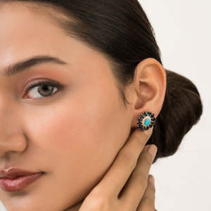 14K Gold Cluster Sapphire and Turquoise Halo Art Deco Fine Stud Earrings - Product Image 5