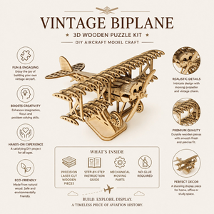 Educational Vintage Biplane Wooden <b>DIY</b> Puzzle <b>Kit</b> 3D Mechanical Plane Model for Kids Adults STEM Learning and Aviation History - Product Image 5