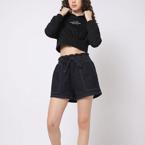 Sweat à capuche court noir pour femme, manches longues, en coton tricoté, décontracté, avec imprimé lettres sur le devant, pour l'automne - Product Image 6