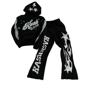 Survêtement brodé personnalisé avec fermeture à glissière en coton éponge français à capuche pantalon de survêtement évasé survêtements pour hommes - Product Image 3