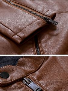 Blouson moto en cuir marron pour homme, col montant, fermeture éclair, coupe ajustée, doublure en fausse fourrure, idéal pour l'automne - Product Image 6