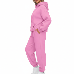Ensemble de survêtement pour femme surdimensionné avec logo personnalisé, sweat à capuche en molleton et pantalon de jogging, deux pièces, rose uni, tenue décontractée - Product Image 3