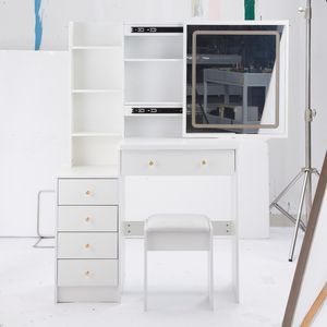 Comodino/Toeletta da 37 pollici di medie dimensioni con sgabello imbottito, ampio piano scorrevole e controllo touch a tre colori - Product Image 4