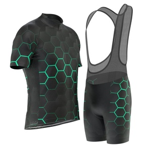 Ensemble maillot et short de cyclisme pour homme, noir avec motif hexagonal jaune, respirant et performant - Product Image 6