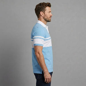 Customized Men's Light Blue <b>White</b> Solid Short Sleeve for Shirt Turn Collar Front Logo Casual Regular Fit Breathable Knitted - Product Image 3