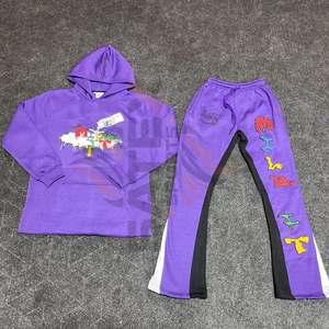 Custom Men's High Quality Acid Wash Pullover Custom Printed <b>Hoodie</b> and Flared Pants Set Vintage Two-Piece Hip Hop Suits - Product Image 1