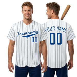 Custom Baseball <b>Jersey</b> Men's <b>White</b> Blue Striped <b>Short</b> Sleeve Breathable Sublimated Print Teamname 00 Regular Fit All Seasons - Product Image 2