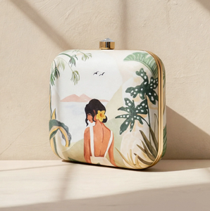 Premium Yellow Flower Lady Printed Clutch Metal <b>Frame</b> Hard Case Satin Fabric Outer Raw Silk Lining with Crystal Closure - Product Image 3