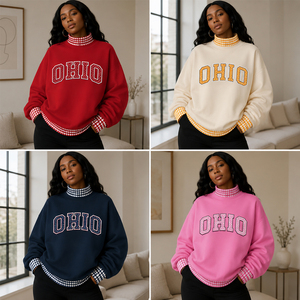 Sweat-shirt rose à carreaux doublé pour femme, col ras du cou, épaules tombantes, motif graphique 'OHIO', pull d'automne à col montant - Product Image 6