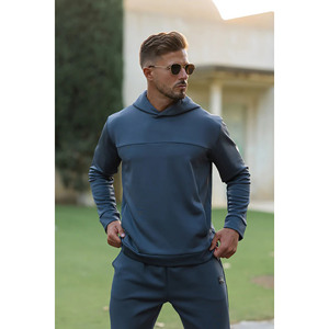 Ensemble de survêtement pour homme bleu foncé à capuche, manches longues, couleur unie, décontracté, taille élastique, poches latérales, 100% polyester, vêtements d'automne - Product Image 5