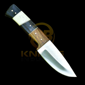 Cuchillo de caza y camping de hoja fija de acero de Damasco hecho a mano, cuchillo de desollado para exteriores de espiga completa con mango de madera y hueso, DIY OEM - Product Image 4