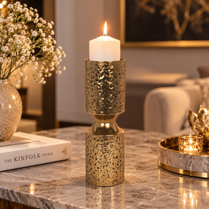 Support de bougie décoratif en métal doré, finition martelée, pour bougies coniques, décoration intérieure, centre de table, salle à manger, mariage | Décoration de fête - Product Image 3