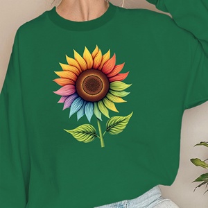 เสื้อสเวตเตอร์พิมพ์ลายดอกทานตะวันสีรุ้งและใบไม้สีเขียวผ้าถักแบบสบายๆ - Product Image 2