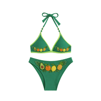 Ensemble de bikini 2 pièces brodé à la main, perlé, de haute qualité, respirant, en Spandex/Coton, avec col halter et motif tropical plage, coupe ajustée