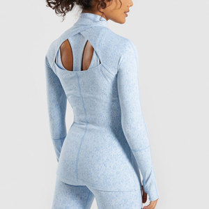Custom Seamless Quarter Zip <b>Top</b> Women Light Blue Textured Long Sleeve Workout Shirt With <b>Thumb</b> <b>Holes</b> Custom Made By Twin City - Product Image 4
