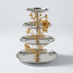 Plato de Servir de Aluminio Fundido Anemone de 3 Niveles, Plateado en Níquel, Decoración Floral Ecológica para Bodas y Fiestas, Centro de Mesa Elegante - Product Image 2