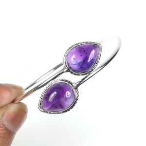 Natural Amethyst Two-Stone Teardrop Bangle <b>Bracelet</b> 925 Sterling <b>Silver</b> Plated Adjustable Open <b>Cuff</b> Jewelry for Wholesale - Product Image 3