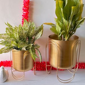 Maceta de lujo dorada con soporte de hierro, macetero contemporáneo para interiores, hogar y jardín - Product Image 1