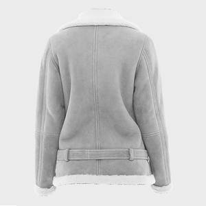 Veste en daim gris clair pour homme, col en fourrure blanche, ceinture, manteau d'hiver en peau de mouton, veste asymétrique à fermeture éclair, doublure en polaire chaude - Product Image 2