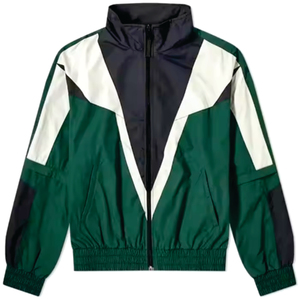 Men's Green Navy White Color Blocking <b>Racer</b> <b>Jacket</b> Stand Collar Zipper Closure Sporty Breathable Autumn Wear Regular Fit - Product Image 1