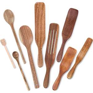 Juego de cucharas de cocina de madera ecológicas con espátula, cuchara volteadora y cuchara mezcladora para utensilios de cocina antiadherentes y seguros. - Product Image 1