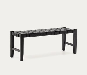 Banco Moderno de Cuero Negro Tejido para Dormitorio y Entrada, Banco Minimalista de Madera Maciza para Hotel, Sala de Estar - Product Image 1