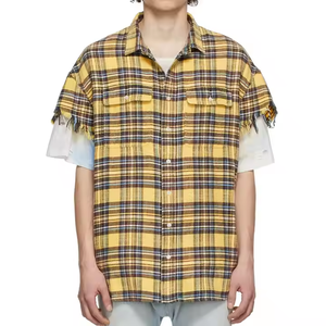 Camisa de Franela Personalizada con Pedrería, Corte Cropped, Dobladillo sin Rematar, Abotonada, Diseño Cuadrado Lavado, Manga Larga, Estilo Streetwear - Product Image 1