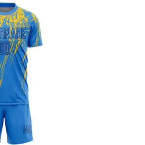 Maillot de football personnalisé bleu et jaune sublimé, kit à manches courtes, col rond, séchage rapide, polyester, coupe athlétique, adultes, toutes saisons - Product Image 2