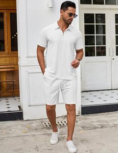 Ensemble 2 pièces d'été pour homme : Polo zippé et short en polyester respirant à motif floral – Tenue décontractée de sport pour l'entraînement, la gym et le jogging - Product Image 2