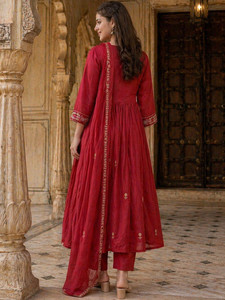 Women's Maroon Embroidered <b>Silk</b> Blend Floor-Length <b>Kurta</b> Palazzo Set With Dupatta Loose Fit Traditional Casual Wear All Seasons - Product Image 6