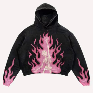 Sweat-shirt à capuche court surdimensionné pour homme, imprimé flamme squelette gothique, noir et rose, en tricot par sublimation, style automne - Product Image 1