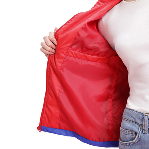 Women Color Blocked <b>Racer</b> <b>Jacket</b> Full Sleeve Stand Collar Windproof Polyester Spring Coat Regular Length Blue Red Contrast - Product Image 5