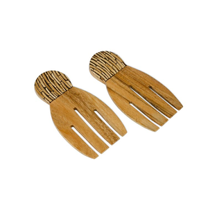 Utensilios para Ensalada de Madera Suar de Grado Alimenticio, Forma de Mano con Incrustaciones de Cáscara de Coco Blanca, Patrón de Líneas, Color Marrón Claro, Vajilla Elegante para Mesa de Cocina - Product Image 1