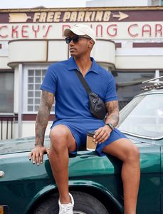 Ensemble polo et short pour homme, imprimé floral bleu, respirant, en molleton 220g, tricoté 100% polyester, vêtements décontractés d'été, col polo - Product Image 4