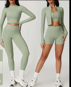 Women Solid Color Seamless Yoga Sports Bra Set Medium <b>Support</b> Long Sleeve <b>Crop</b> <b>Top</b> With High Waist Shorts For Workout - Product Image 6