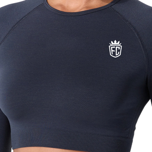 Top Corto Deportivo Elástico de Manga Larga sin Costuras para Mujer, Color Azul Marino Oscuro, para Entrenamiento Físico, Ejercicio y Ropa Deportiva - Product Image 5