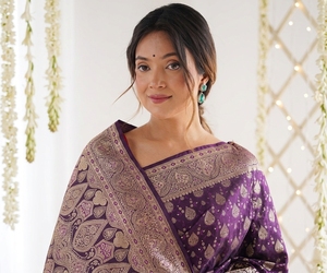 AARA Fashion <b>Purple</b> Silk <b>Saree</b> Gold Zari Work Traditional Indian Wedding Wear Sun Protection All Seasons for Women Floor Length - Product Image 3