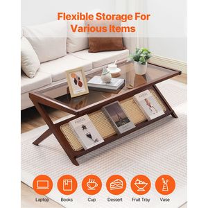 Tavolino da Caffè in Rattan Intrecciato a Forma di Z con Piano in Vetro Temperato e Design Pieghevole - Stile Moderno Boho con Contenitore - Product Image 4